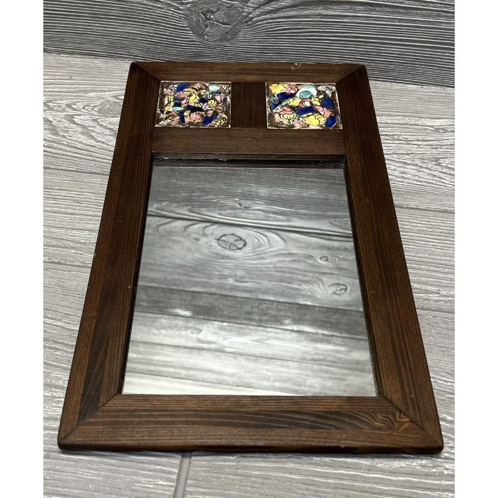 Wooden Mirror with Ceramic Tiles Made In Spain 13.25” X 8” Boho Wall Decor